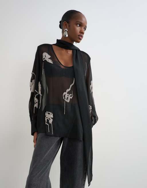 Topshop premium udsmykket chiffon-top med tørklædedetalje i sort, 2 af 4