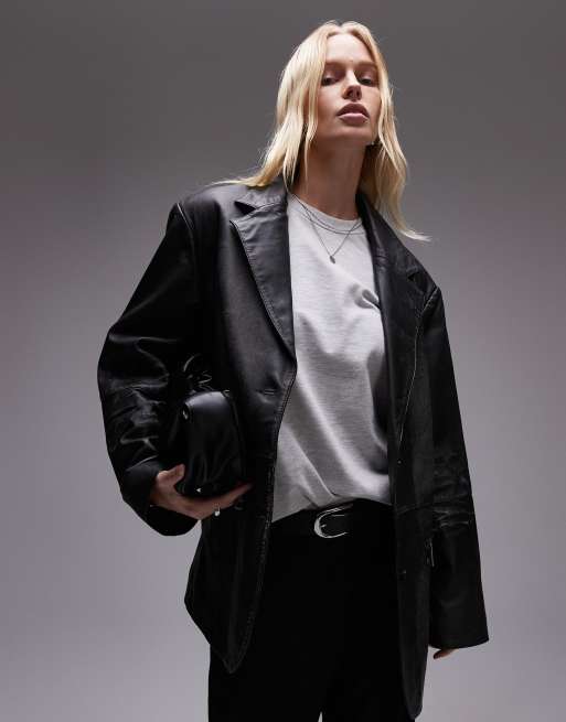 Topshop - Premium - Vasket sort blazer i ægte læder, 4 af 4