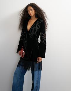 Premium velvet sheer embroidered detail bed jacket mini dress with fringed hem in black