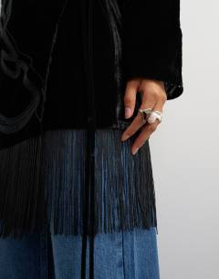 Model wearing Premium velvet sheer embroidered detail bed jacket mini dress with fringed hem in black