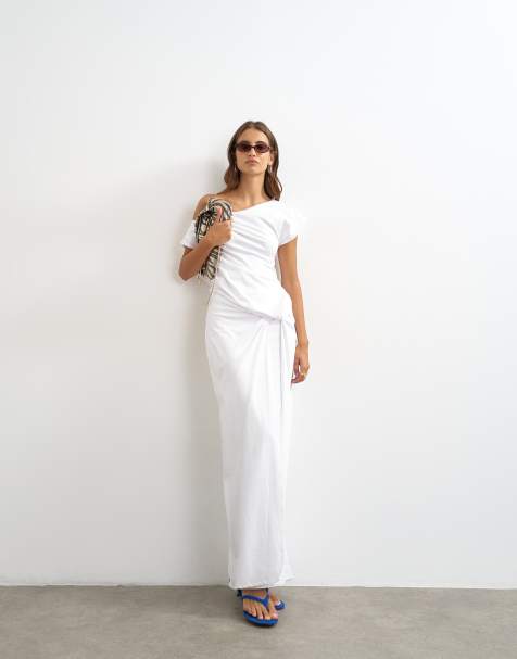 Topshop premium vestito maxi asimmetrico drappeggiato in jersey di misto cotone bianco - view 1