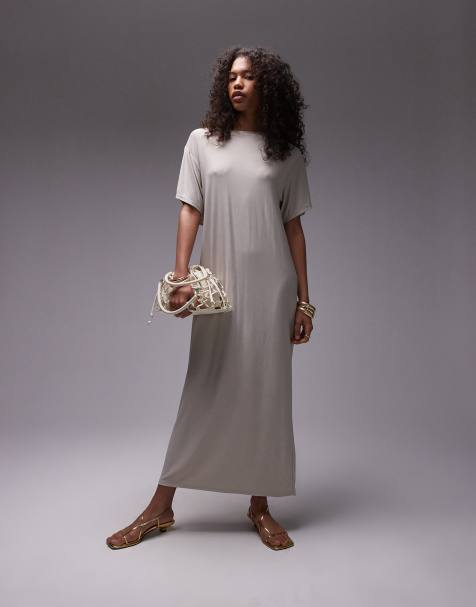 Topshop Premium - Vestito T-shirt midi in cupro color crema super morbido con dettaglio incrociato sulla schiena - view 1