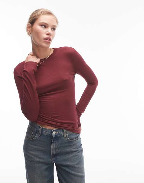 Topshop – Premium – Vinröd, ribbad topp med långa ärmar - view 1