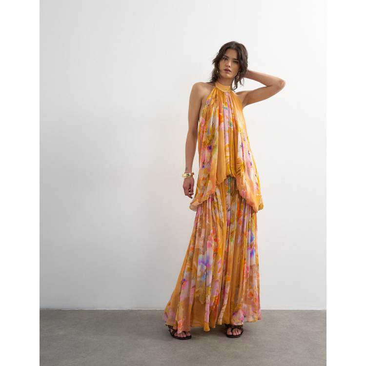topshop halter neck maxi dress in bold floral print Topshop Halter Neck Maxi Dress In Bold Floral Print-Multi for Women