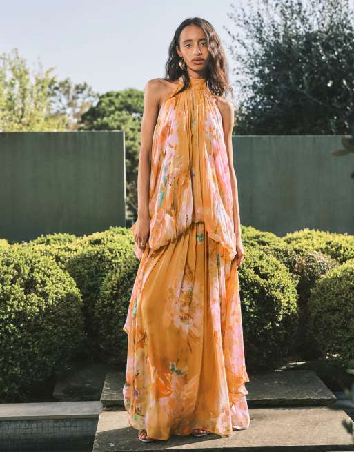 Topshop premium viscose blouson halter neck maxi dress with open back and  train in handpainted floral print | ASOS