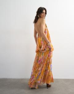 Model wearing Premium viscose blouson halter neck maxi dress with open back and train in handpainted floral print