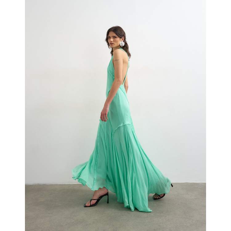 Topshop premium viscose high neck open back maxi dress in apple green | ASOS