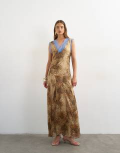 Premium viscose lace insert pintucked maxi tea dress in animal print with contrast blue lace