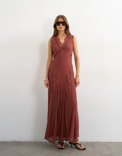 Model wearing Premium viscose lace insert pintucked maxi tea dress in rust
