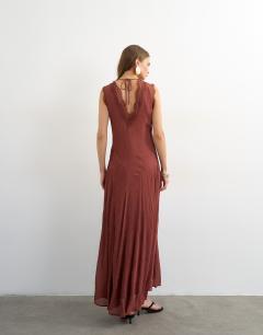 Model wearing Premium viscose lace insert pintucked maxi tea dress in rust