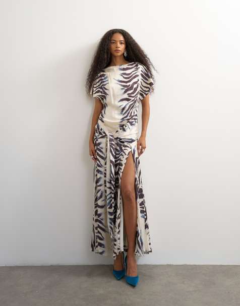 Topshop premium viscose satin dropped tie waist maxi dress in mono zebra - view 1