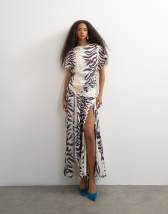 Topshop premium viscose satin dropped tie waist maxi dress in mono zebra