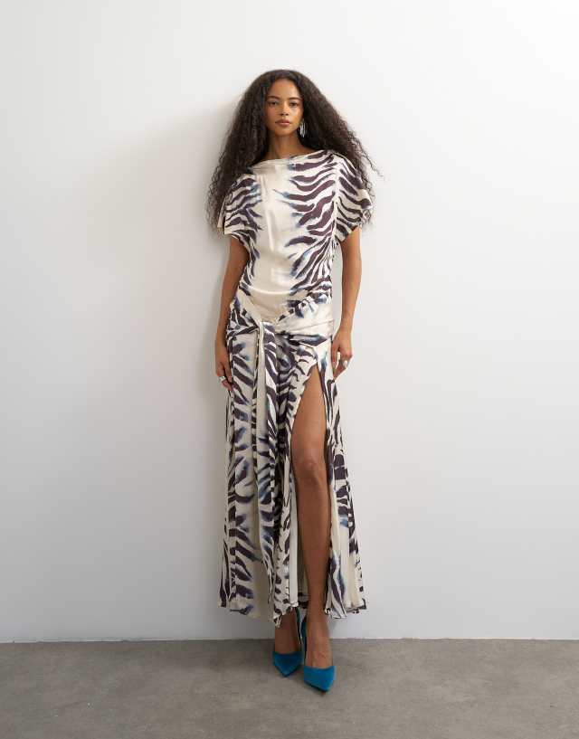 Topshop premium viscose satin dropped tie waist maxi dress in mono