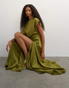 Premium viscose satin dropped tie waist maxi dress in olive