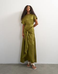 Model wearing Premium viscose satin dropped tie waist maxi dress in olive