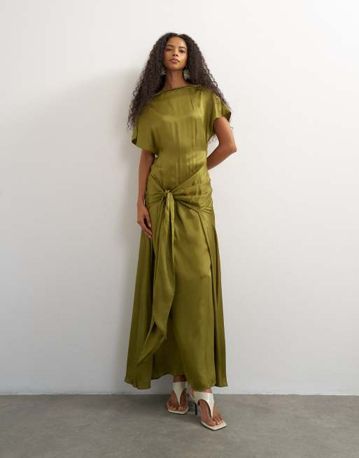 topshop beach dress premium viscose satin dropped tie waist maxi in olive Lizluo Quinceanera 26099 category:TheBasics SIZE:XL / US 12-14 The Topshop contrast print