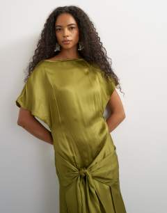 Model wearing Premium viscose satin dropped tie waist maxi dress in olive