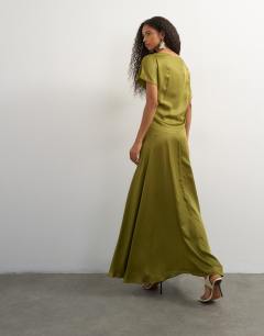 Model wearing Premium viscose satin dropped tie waist maxi dress in olive