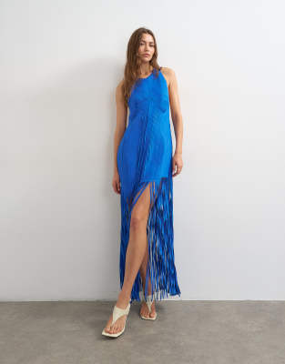 Topshop Premium Viscose Satin Handstitched Appliqué Bodice Fringed Maxi Dress In Blue