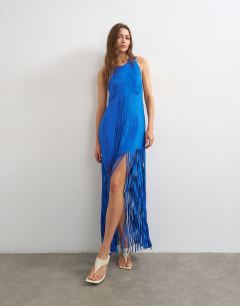 Premium viscose satin handstitched applique bodice fringed maxi dress in cobalt blue
