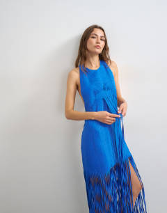 Model wearing Premium viscose satin handstitched applique bodice fringed maxi dress in cobalt blue