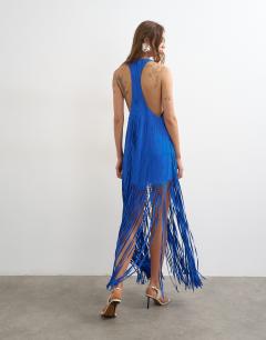 Model wearing Premium viscose satin handstitched applique bodice fringed maxi dress in cobalt blue