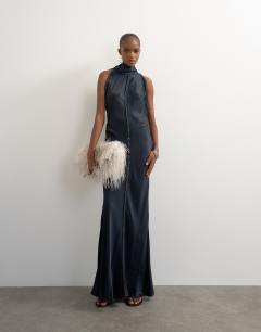 Premium viscose satin maxi dress with raw seam detail in navy with ecru topstitching