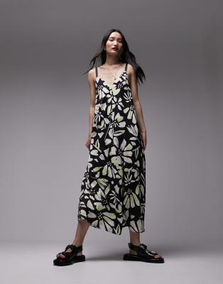 Topshop Premium Viscose Twill Graphic Floral Contrast Stitch Chuck On Midi Dress-multi