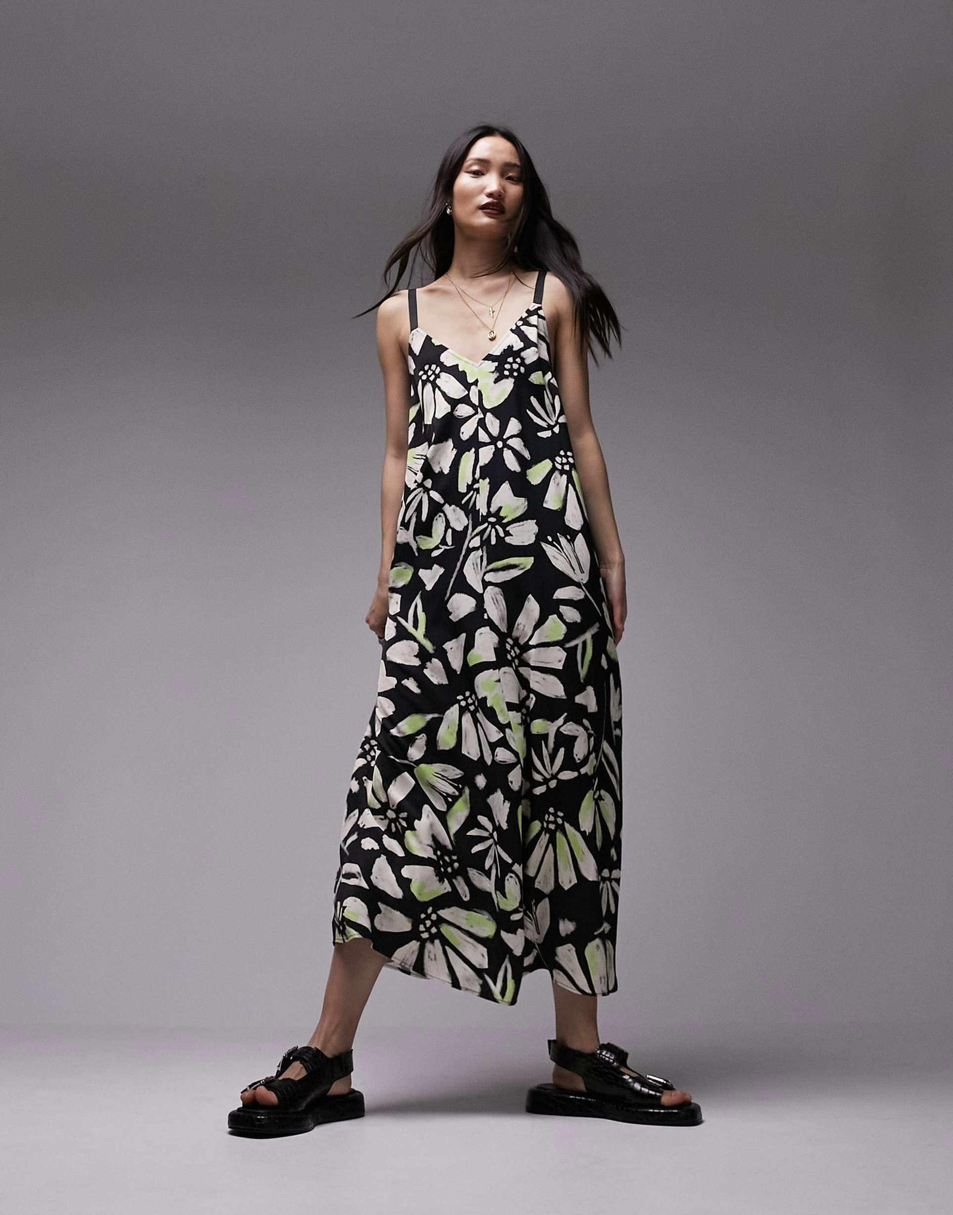 topshop premium viscose twill graphic floral contrast stitch chuck on midi dress