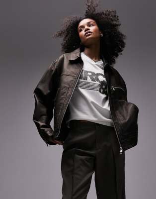 premium washed real leather jacket in brown
