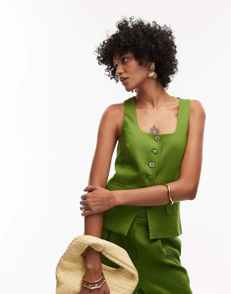 Topshop premium wedding guest occasion scoop neck longline vest in green - part of a set - view 1