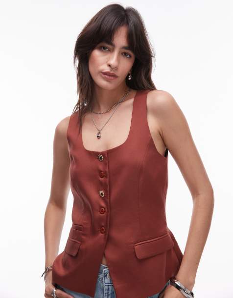 Topshop premium wedding guest occasion scoop neck longline waistcoat in brown - view 1