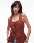 [Topshop] Topshop premium wedding guest occasion scoop neck longline waistcoat in brown 6 Terrocota