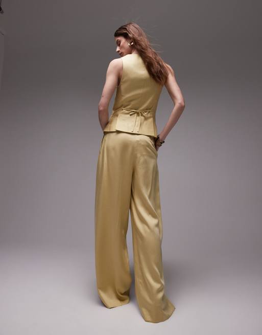 Topshop premium wedding guest occasion tailored pleated wide leg pants in buttermilk - part of a set