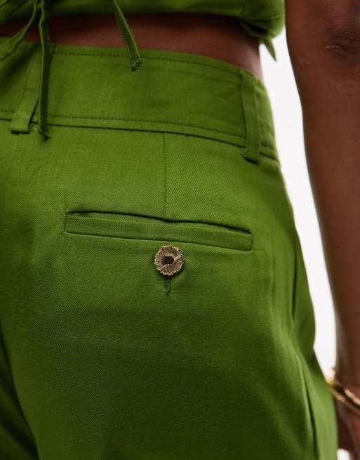 Topshop premium wedding guest occasion tailored pleated wide leg pants in green - part of a set