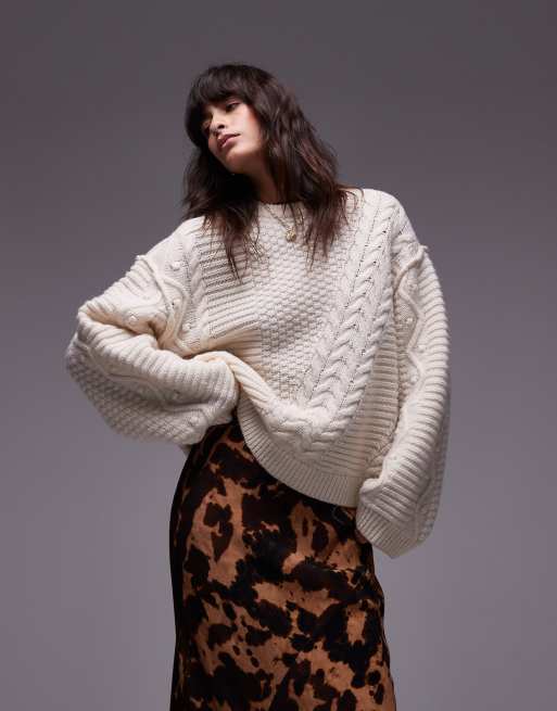 Topshop Premium – Wełniany sweter oversize z dzianiny o warkoczowym splocie w kolorze kości słoniowej