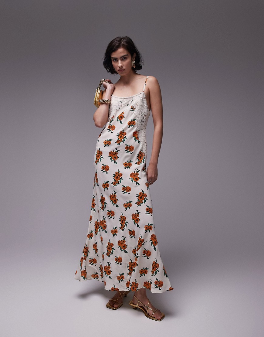 Topshop premium white and orange floral and lace maxi slip dress