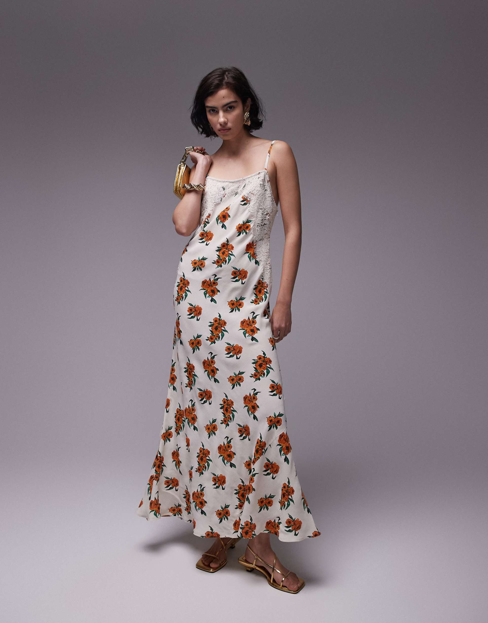 topshop premium white and orange floral and lace maxi slip dress