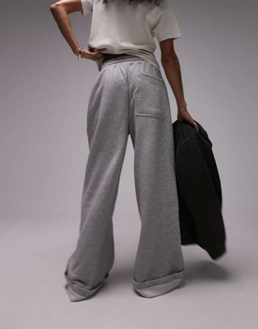 Topshop premium wide leg turn back hem sweatpants in gray, 2 of 4