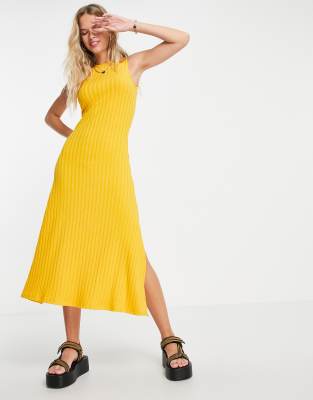 Topshop premium wide rib jersey midi dress in orange