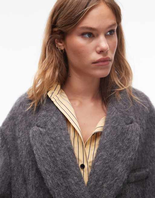Topshop premium wool blend brushed formal coat in gray