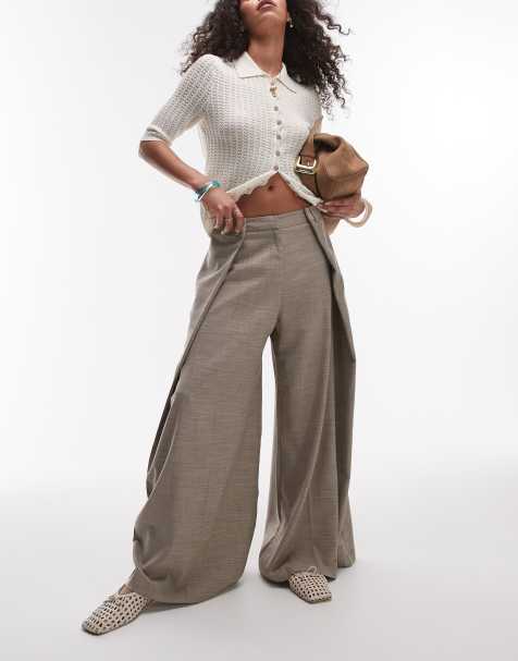 Topshop premium wrap around extreme wide leg tailored pants in stone - view 1
