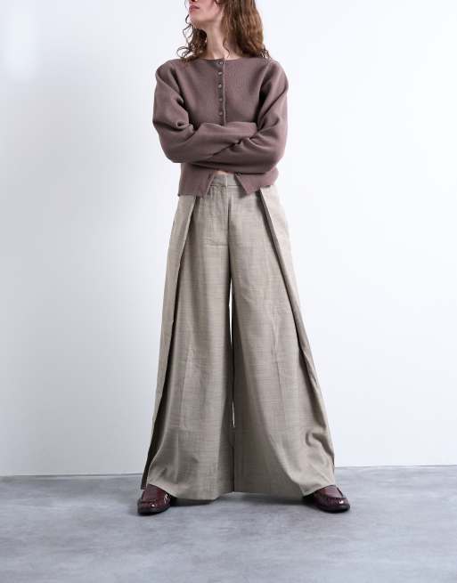 Topshop premium wrap around extreme wide leg tailored trousers in stone - STONE, 3 of 5