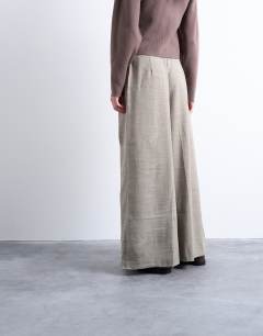 Model wearing Premium wrap around extreme wide leg tailored trousers in stone - STONE
