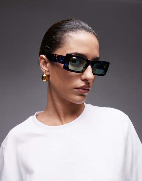 Topshop Premium Zanzibar rectangular acetate sunglasses in blue tort - view 1