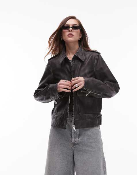 Topshop premium real leather zip through jacket in black