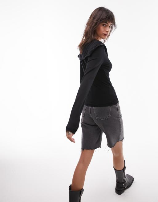 Topshop premium zip open collar long sleeve top in black, 3 of 4