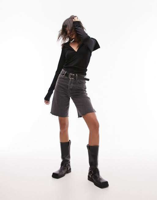 Topshop premium zip open collar long sleeve top in black, 4 of 4