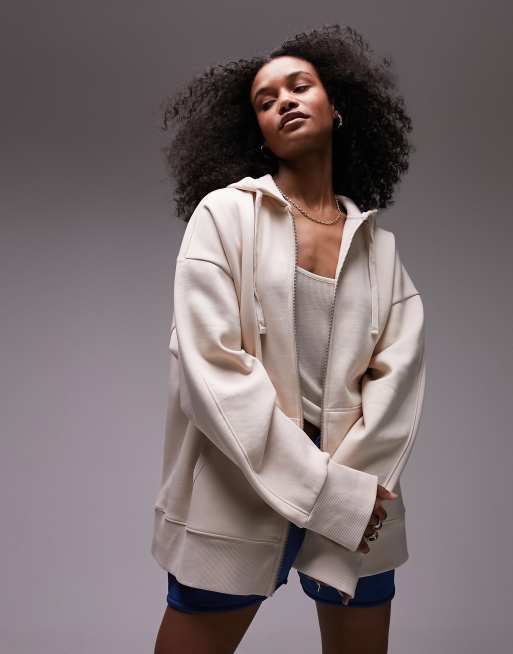 premium zip through hoodie in stone ASOS