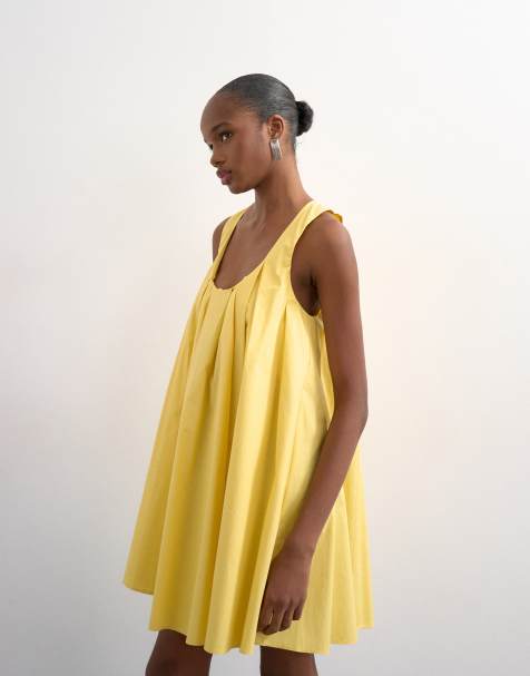 Topshop - Prendisole corto a pieghe con fondo ampio in popeline color limone - view 1